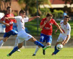 There was plenty of action during yesterday’s local derby between Bonnyrigg White Eagles and Sydney United 58. Pictures: Football NSW