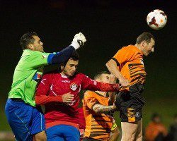 There was non stop action in the eight goal thriller between Blacktown Spartans and Bonnyrigg. Photo courtesy of Football NSW.