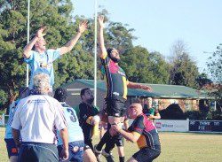 Up we go: lineout action in first grade at Campbelltown Showground on Saturday. Pictures: Rubie Crofts