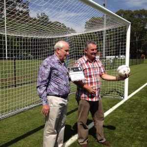 mayor Paul Hawker and federal MP Russell Matheson at the official opening of the synthetic surface at Lynwood Park in 2016.