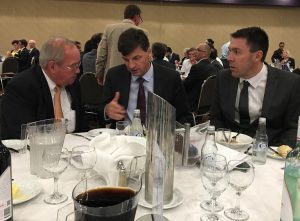 David Hazlett, left, with Angus Taylor and the mayor of Campbelltown George Brticevic