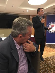 Mayor George Brticevic, right, introducing former MP Russell Matheson at the Ingleburn chamber of commerce dinner. Mr Matheson went on to reveal there are 38 people in Macarthur on a terror watch list.