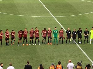 The Wanderers line up before their first ACL game at Campbelltown, against Japanese club Urawa Reds 