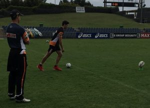  Mitchell Moses was successful with this kick from the sideline at Campbelltown Sports Stadium this morning but he turned to his coach Jason Taylor and said he wasn't happy with it.