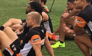 Wests Tigers players preparing for the Campbelltown Sports Stadium match with Penrith back in March.