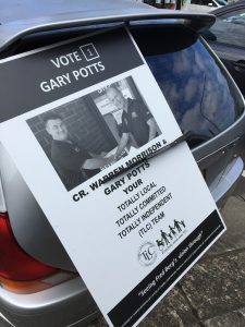 Gary Potts election poster at the back of a car parked on Oxford Road, Ingleburn.