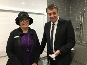 Cr Margaret Chivers and NSW Disability Services minister Ray Williams opening a lift and change room at Macquarie Fields Leisure Centre this morning.