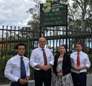 Luke Foley at Leumeah High School with local Mp Anoulack Chanthivong, left, Greg Warren, and the party's candidate for the seat of Camden, Sally Quinnell.