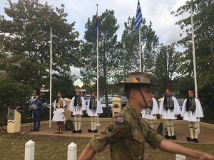 Greek presidential guards taking part in an Anzac Day ceremony in Macarthur this year.