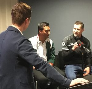 Brett Emerton, right, with South West Sydney FC ambassador Nick Carle, being interview last night by C91.3 radio station announcer Josh Webster.