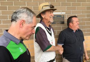 Morris Iemma, Allan Connolly and deputy mayor Darcy Lound at Raby Sports Complex.