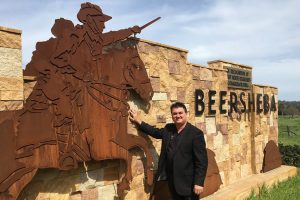 Cr Warren Morrison in front of the Beersheba monument on the corner of Menangle Road and the newly renamed Beersheba Parade, Menangle Park.