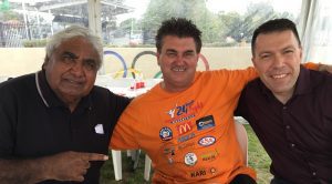Local Aboriginal elder Uncle Ivan Wellington with Warren Morrison and Mayor George Brticevic after the completion of the formalities at this year's 24 Hour Walk Against Cancer