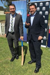 NSW Sport Minister Stuart Ayres, right, with Mayor of Campbelltown, Cr George Brticevic, at Memorial Oval to announce details of a $1.2 million makeover.