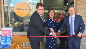 Cr Ben Gilholme, ideas.org.au CEO Diana Palmer, Aboriginal elder Uncle Ivan Wellington and Labor MP Greg Warren cut the ribbon this morning to officially open the head office of the PossAble Advocacy at 300 Queen Street, Campbelltown. 