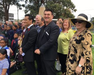 Campbelltown councillors and other dignitaries join the school children for a group photo in front of the cenotaph in Mawson Park yesterday as par of the Armistice Centenary commemoration.