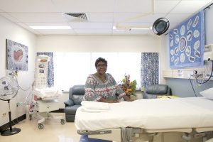 Aunty Jenny with her artworks in the birthing suite of Campbelltown Hospital’s maternity unit.