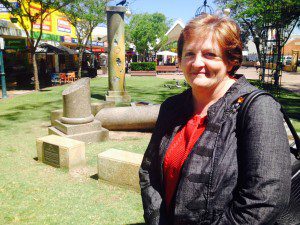 Wrong: Councillor Anne Stanley in front of the cenotaph in the Macquarie Mall, which will be relocated under plans to open the mall to cars at night.