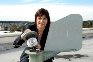 Campbelltown Hospital immunology and allergy director Connie Katelaris with one of the pollen traps on the roof of the hospital.
