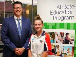 Peter Campbell, chairman of  South West Sydney Academy of Sport and Wollondilly Shire netball athlete Casey Godfrey  agree that the recently launched ClubsNSW - Your Local Club education program, is a fantastic resource for aspiring NSW Regional Academies of Sport athletes.