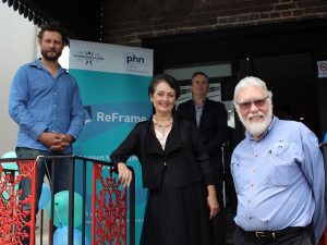 ReFrame patron Ben Quilty, Goulburn MP Pru Goward, Martin Lumetzberger, clinical program director at Community Links Wellbeing (at back), and Larry Whipper, manager of Youth and Family and adolescent support worker at Community Links Wellbeing.