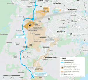 blue line represents the proposed route of the Outer Sydney Orbital or M9.