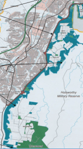 Blue represents Pat Durman's proposed national park, while the red line is the corridor for the Georges River Parkway road.
