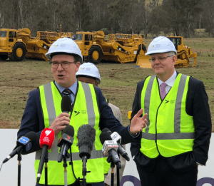 infrastructure minister Alan Tudge with Prime Minister Scot Morrison at Badgerys Creek earlier today.