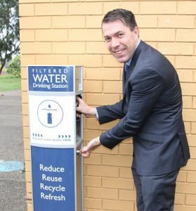 Mayor George Brticevic puts the water refill station at Leumeah High to the test.