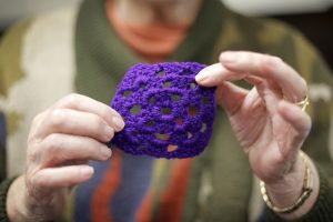 Members of the Macarthur branch of the Knitters Guild crocheted purple squares for the signing of the Statement of Commitment event and these will be sewn together symbolically to form a blanket.