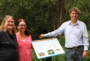 Dharawal elder Glenda Chalker, Camden councillor Theresa Fedeli and Greater Sydney Local Land Services Aboriginal Communities officer Den Barbe at Bush Creek's Reserve on Tuesday.
