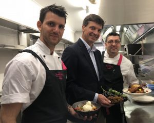 MP Angus Taylor with chefs Amilio and Sebastian at Camden's new Sydneysider’s restaurant on the corner of Argyle and Murray Streets.