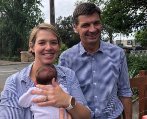 Picton mum Elizabeth Sharpe and baby daughter Leta with her federal MP Angus Taylor
