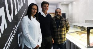 Ayesha and George with MP Angus Taylor inside their Guilty or Not Gelato Bar in Picton