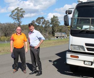 Angus Taylor, right, with Narellan-based truck driver David Cole at Picton Road