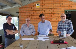 Hume MP Angus Taylor, second from right, with Appin men’s shed members Gordon Usher, John Wisby and secretary Ray Slee.