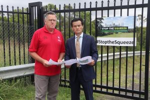 MP Anoulack Chanthivong with local resident Philip Durbridge, who is also concerned with a Landcom development proposal for 3,286 new houses and flats in Edmondson Park.