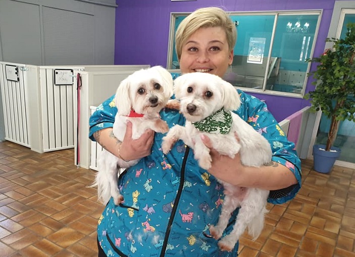 Tepra at her Barkingham Palace Dog Grooming in Holylea Road, Leumeah with a couple of happy “customers’’.