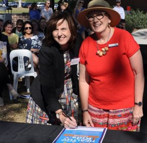  health chief Amanda Larkin (left) and Cr Margaret Chivers launch a new action plan on Wednesday at Bradbury Oval.
