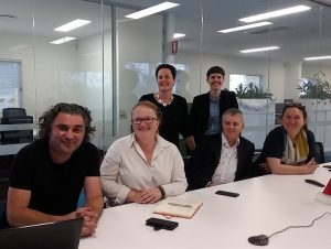 arts centre director Michael Dagostino (left) and Camden and Campbelltown Hospitals general manager Alison Derrett  (second left) at a meeting to discuss arts and culture in the Campbelltown Hospital redevelopment.