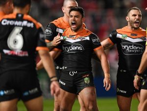 David Nofoaluma after scoring a try in the 22-6 win against South Sydney.