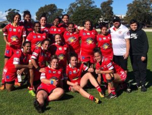 The Eagles women's side celebrate their 20-18 win over Mascot on the weekend.