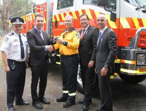 RFS Deputy Commissioner Robin Rogers, Mayor George Brticevic, Lynwood Park Brigade captain Mark Williams, NSW Emergency Services Minister Troy Grant and Camden State Liberal MP Chris Patterson.