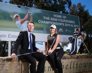 Stephanie Hall on the billboard promoting the NSW Foursomes championship at Campbelltown Golf Club, Glen Alpine.