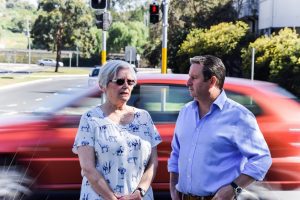 MP Greg Warren with resident Judy Mercer who had a close call while crossing Kellicar Lane at the intersection with Centennial Drive at Park Central.