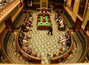 Local students have their photo taken in the NSW Legislative Assembly - also known as the bear pit,