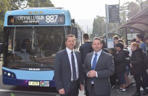 The two Labor MPs with students boarding the 887 Wollongong to Campbelltown bus service last week.