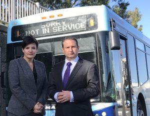 Greg Warren with opposition transport spokesperson Jodi McKay at the Campbelltown bus interchange.    