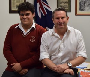 Hamani Tanginoa, who has been selected as the Youth Member for Campbelltown in the 2018 YMCA NSW Youth Parliament, meets the “senior’’ State Member for Campbelltown Greg Warren.