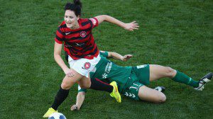 Jessica Seaman wins the ball at Campbelltown on Sunday against Canberra. Picture courtesy of the Wanderers